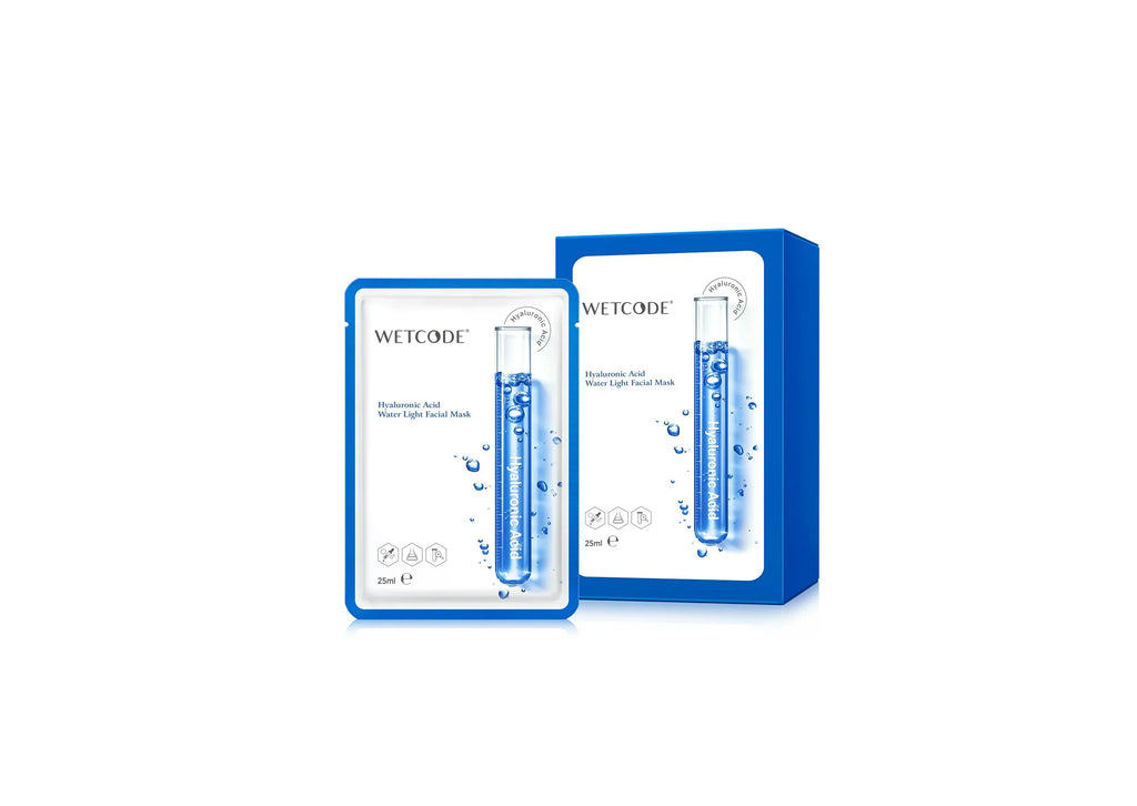 Maschera viso Wetcode all'acido ialuronico in confezione blu, skincare Buzz Skin.