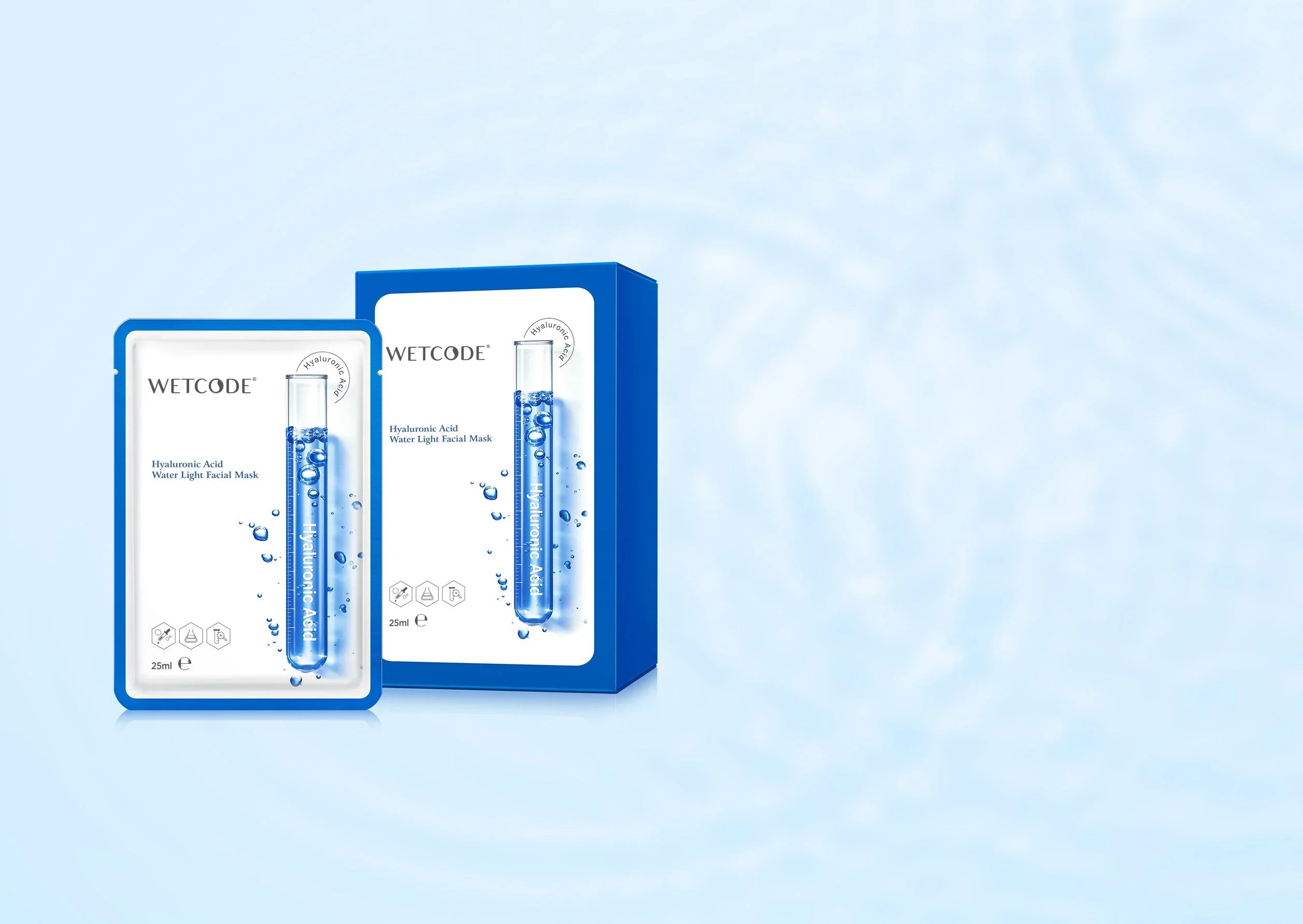 Maschera viso idratante WETCODE all'acido ialuronico su sfondo azzurro, skincare BuzzSkin